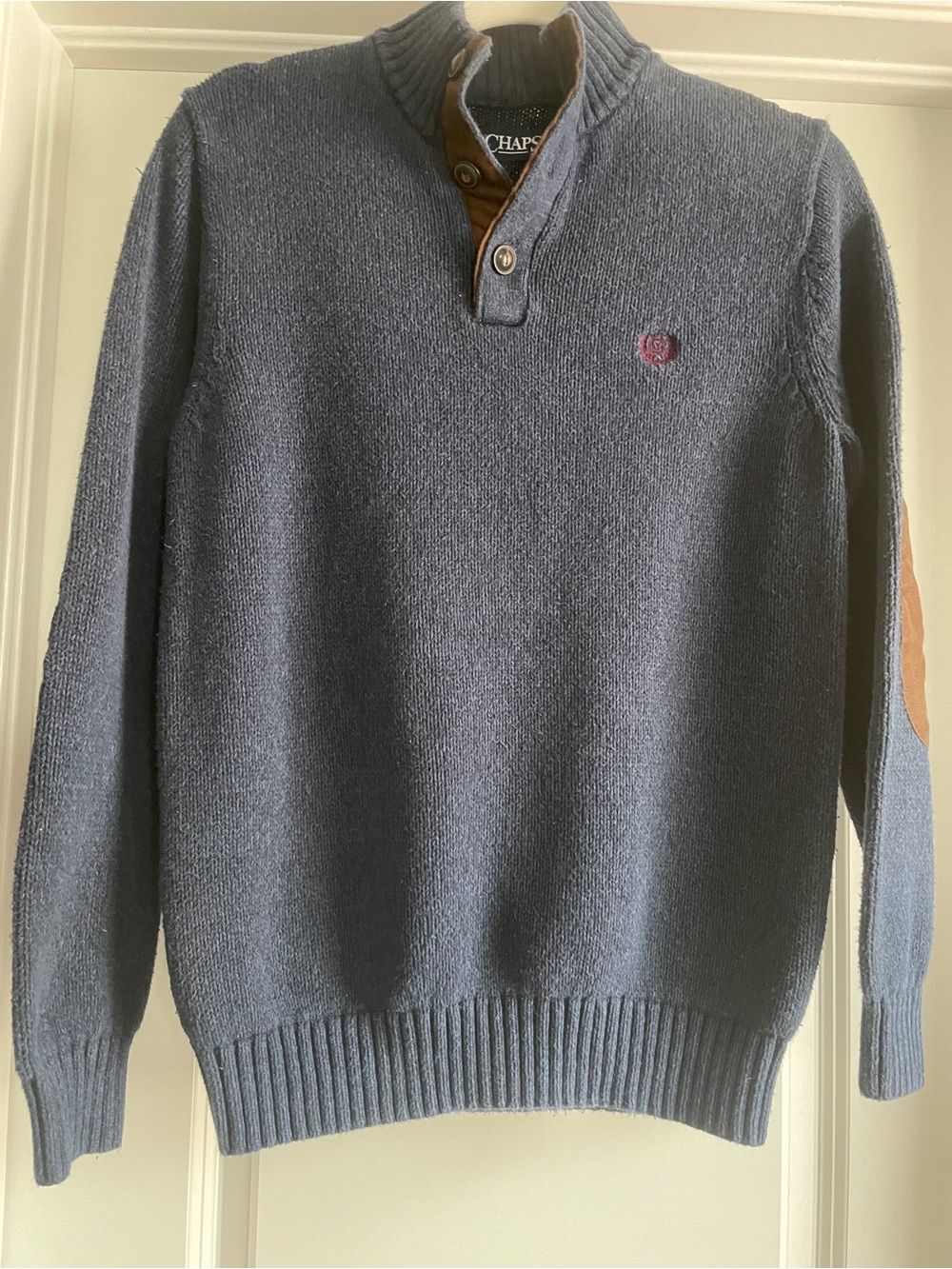 Chaps 100% Cotton Navy Quarter Button Mock Neck Sweater Elbow Patch Men’s Size S
